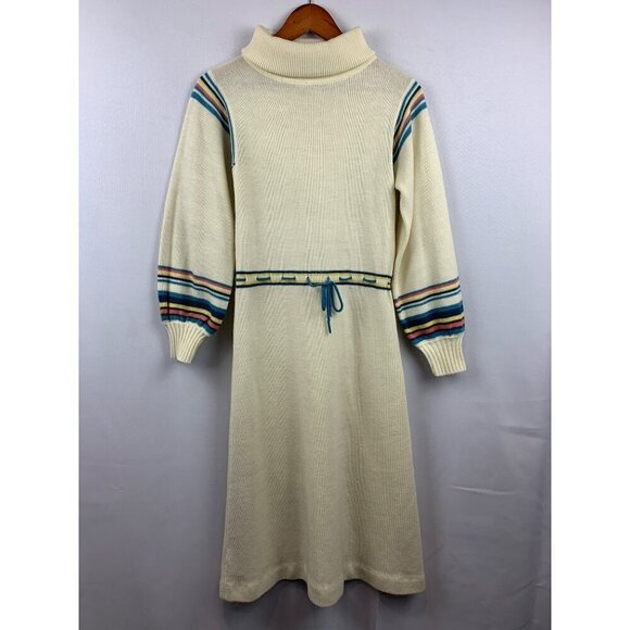 Dresses & Skirts - Vintage Cream Knit Dress With Striped Sleeves & Turtleneck